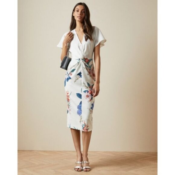 Ted Baker Nerris White Floral Jamboree Twist Detail Midi Dress Size 2/US 6 - Picture 1 of 6